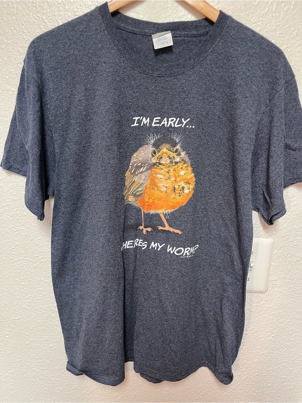 T-shirt Large Early Bird Where's My Worm Cotton Blend Shirt Sleeve Unisex